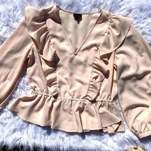 Who What Wear Blush Pink Ruffle Peplum Long Sleeve Silky Top large